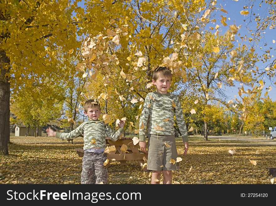 Two happy boys having fun throwing colorful fall leaves in air. Two happy boys having fun throwing colorful fall leaves in air