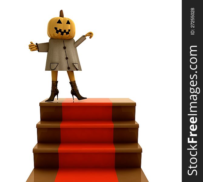 Isolated halloween pumpkin standing on red carpet staircase render illustration