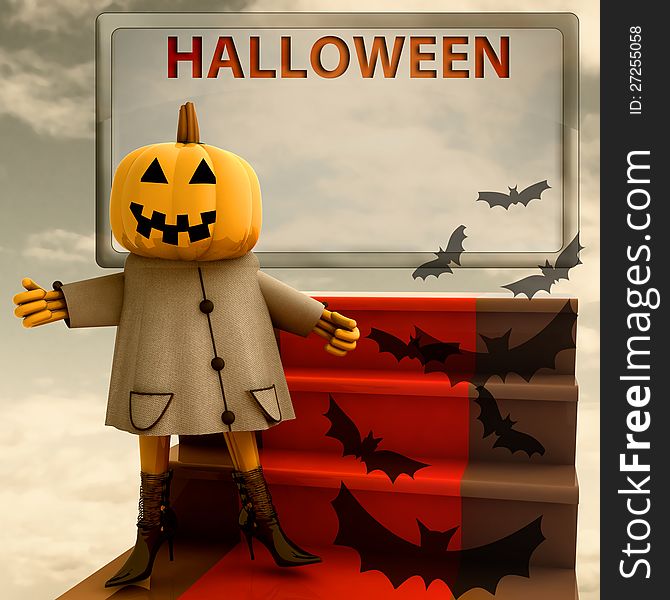 Halloween Pumpkin Standing On Red Carpet Template