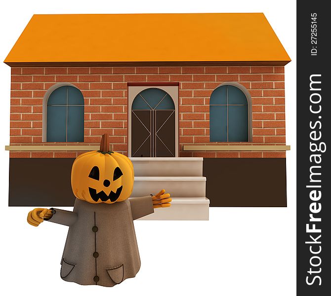 Isolated halloween pumpkin witch in front of house background render illustration. Isolated halloween pumpkin witch in front of house background render illustration