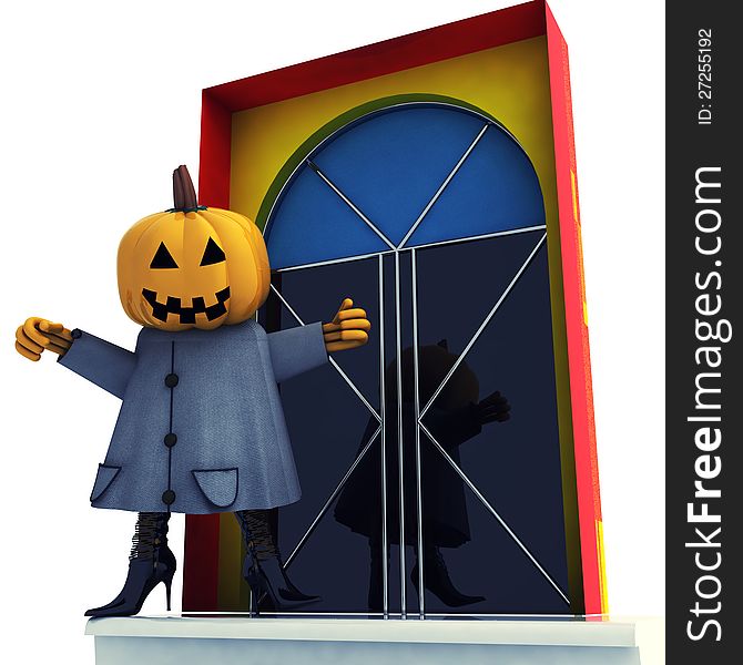 Halloween pumpkin witch standing in front of door background render illustration. Halloween pumpkin witch standing in front of door background render illustration