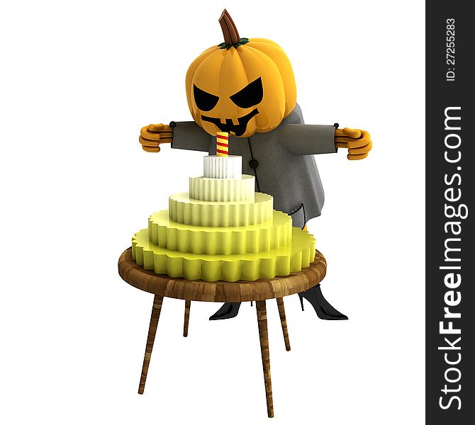 Isolated Pumpkin Witch With Cake And Candle