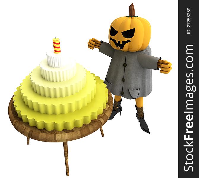 Isolated pumpkin witch with cake on table render illustration