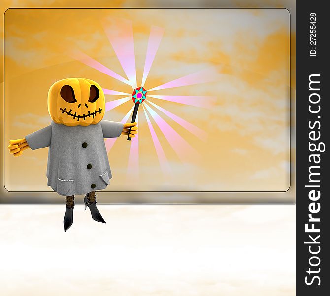 Pumpkin witch with wand ahead of orange board