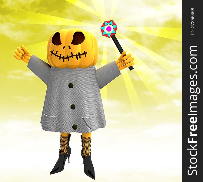 Pumpkin witch with wand with yellow sunset