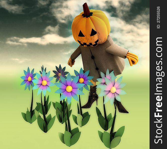 Halloween pumpkin witch in mystic flower dark garden render illustration. Halloween pumpkin witch in mystic flower dark garden render illustration