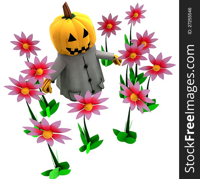 Isolated pumpkin witch in magic flower garden