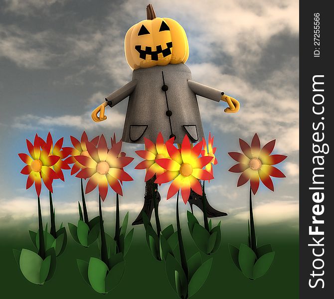 Halloween pumpkin witch in dark flower garden render illustration