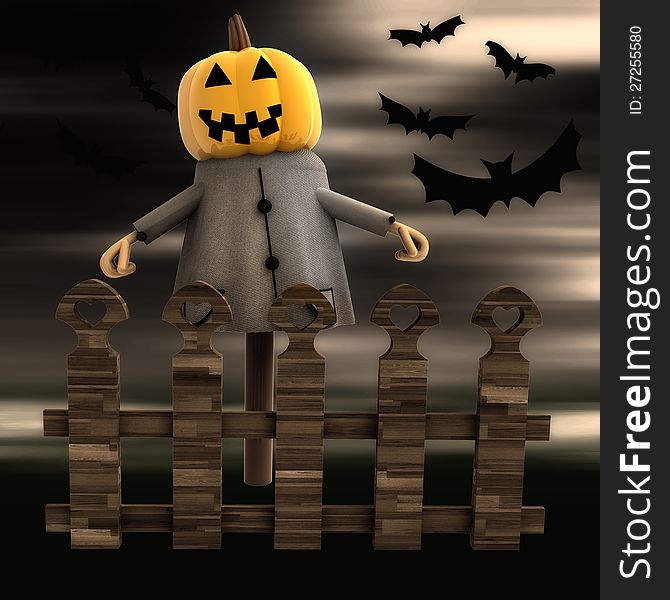 Halloween pumpkin witch behind fence with bats render illustration