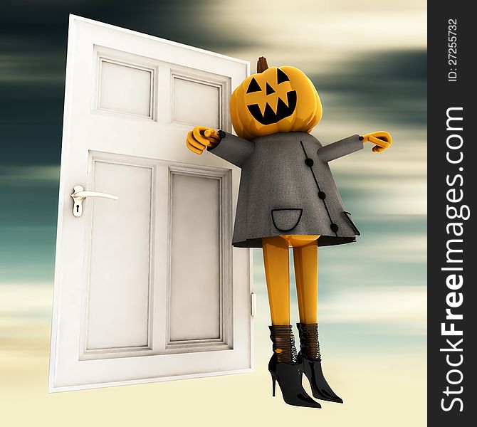 Pumpkin Halloween Witch In Front Of Door Blur