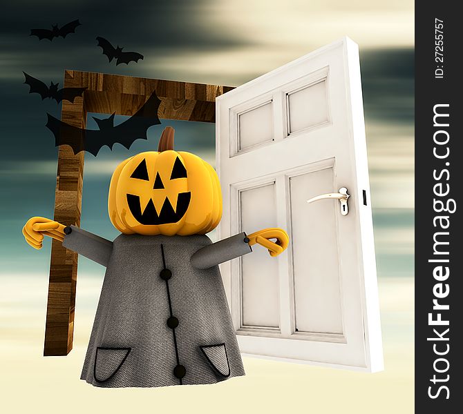 Pumpkin halloween witch with open heaven door with bats render illustration. Pumpkin halloween witch with open heaven door with bats render illustration