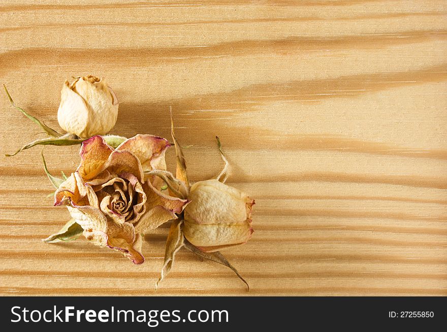 Dried rose flowers lies on a textured rough wooden table top close-up view. Dried rose flowers lies on a textured rough wooden table top close-up view