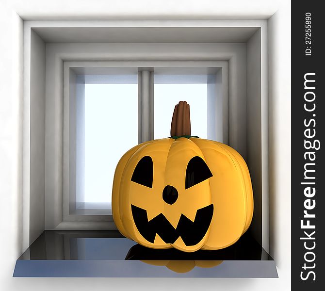 Pumpkin halloween head situated on sill  render illustration. Pumpkin halloween head situated on sill  render illustration