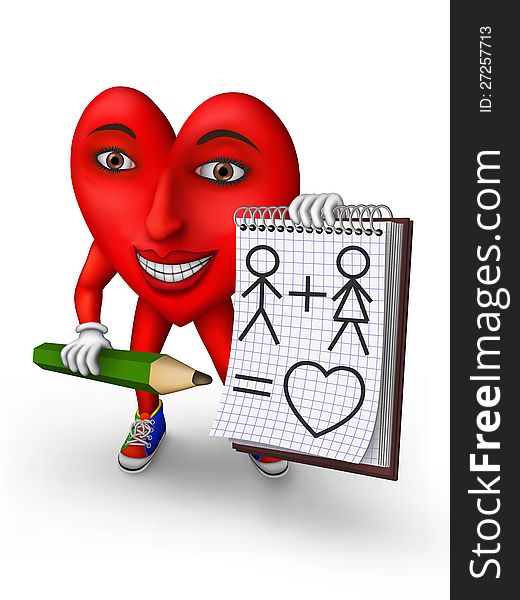 On a white background red heart holding a notebook and pencil