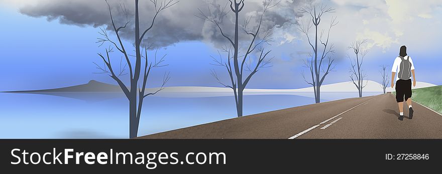 Illustration of a backpacker on a deserted road