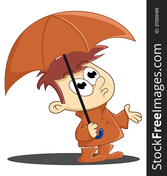 Illustration of a child wearing a raincoat and umbrella