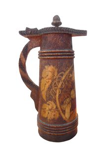 Old Carved Wooden Beer Stein Isolated. Stock Photo