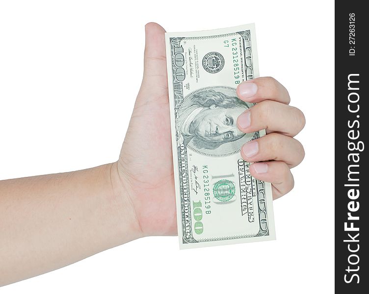 Hand holding money dollars isolated on white background