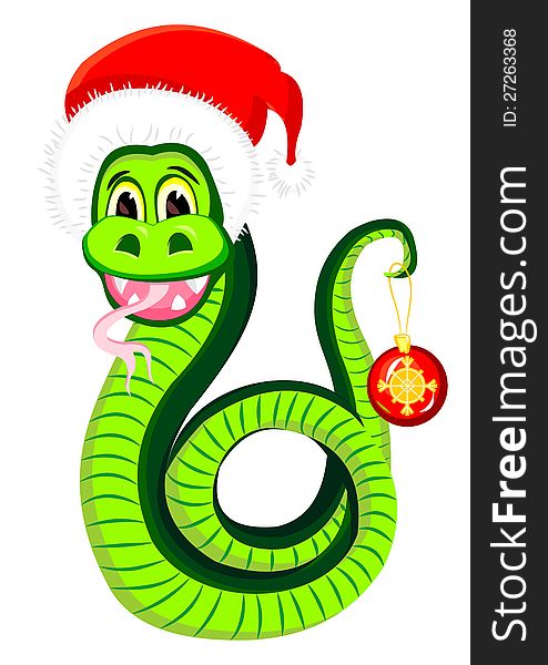 Snake in the hat of Santa Claus and with glass ball