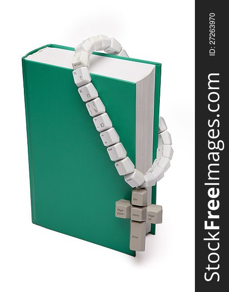 Christian, catholic rosary made from computer keyboard with green book