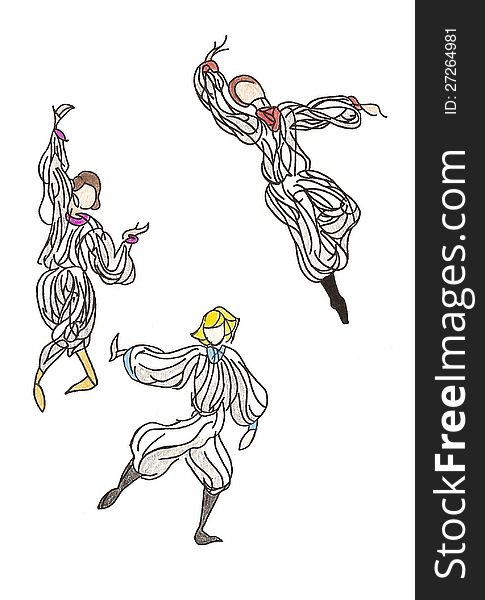 Three hand drawn dancers leaping ang posing. Three hand drawn dancers leaping ang posing