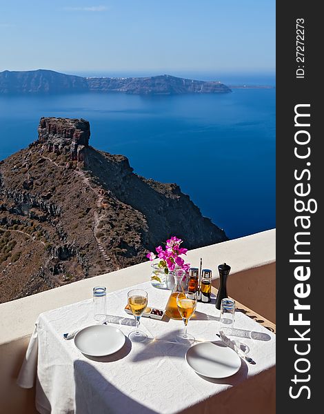 Table above sea for two. Greece, Santorini island