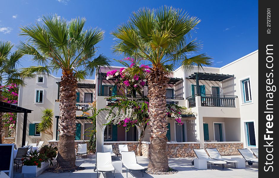 View of the building of the hotel, Greece, Santorini island. View of the building of the hotel, Greece, Santorini island