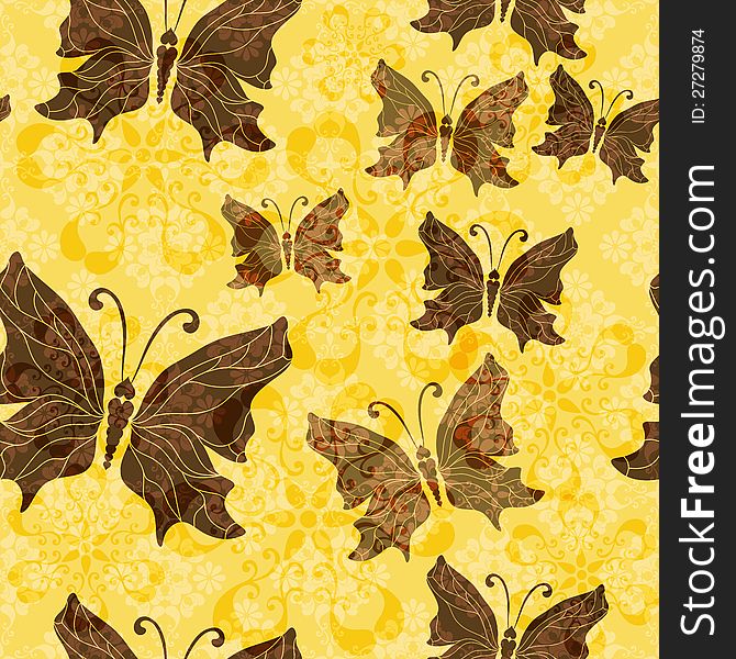Yellow and brown seamless pattern with transparent butterflies (vector EPS 10). Yellow and brown seamless pattern with transparent butterflies (vector EPS 10)