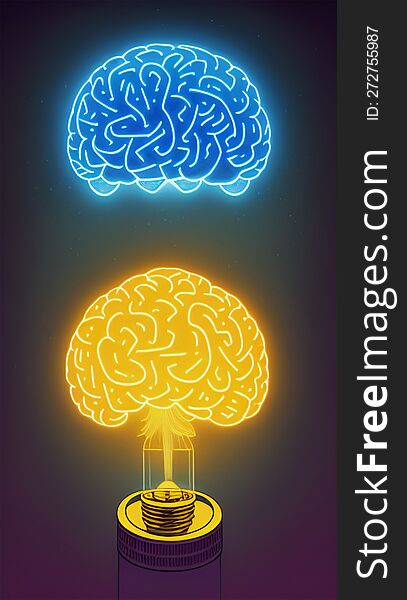 Glowing brain with bright, smart lighting, emanating brilliant ideas and innovative solutions.