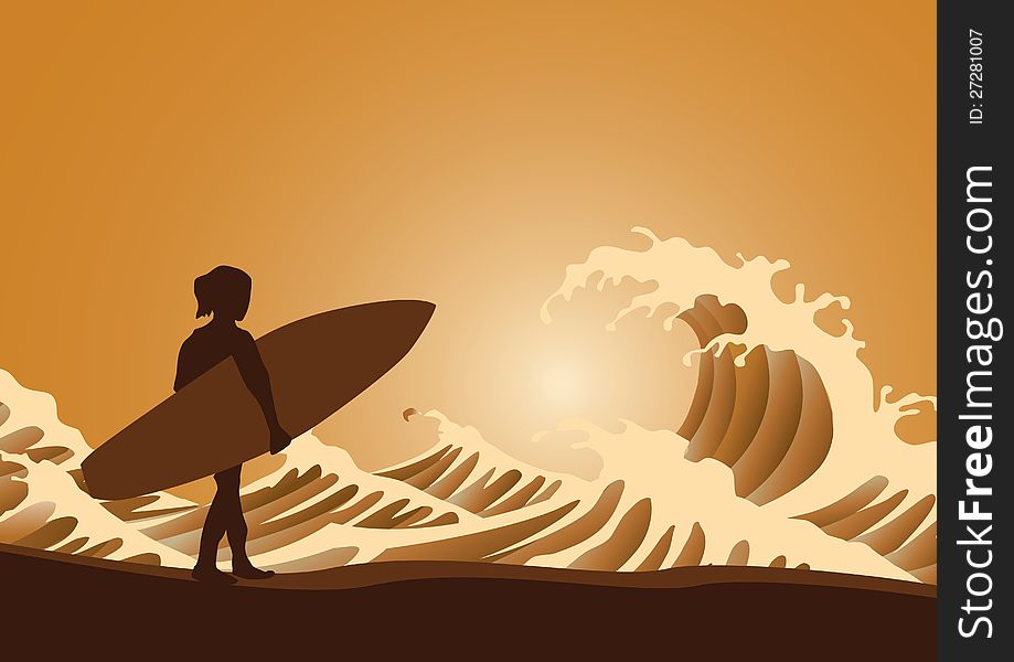 Surfer and waves at sunset