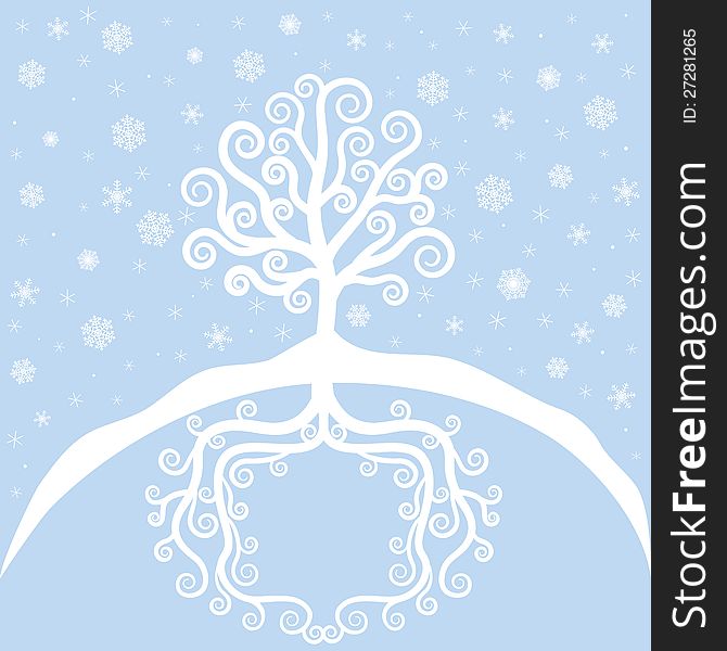 Winter tree and snowfall. Christmas card