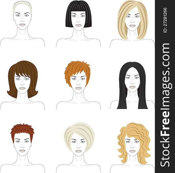 Set of woman faces with fashionable hairstyle