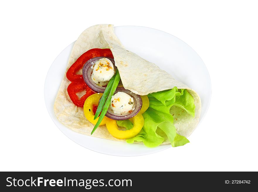 Lettuce, pepper, green onion and pickled cheese balls in pitta bread. Kind of shawarma isolated on white