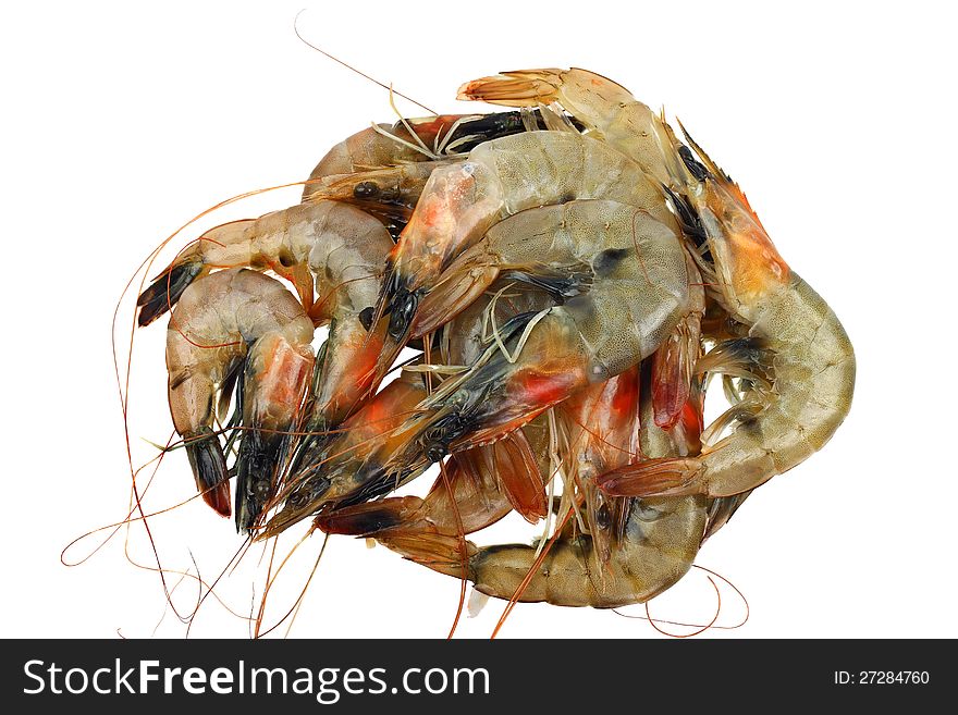 King tiger shrimps raw in pile isolated on white. King tiger shrimps raw in pile isolated on white