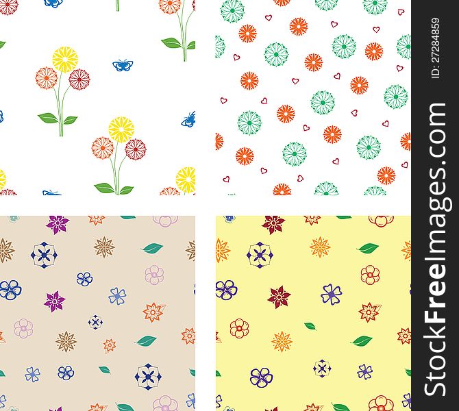 Four seamless vector texture, consisting of flowers, leaf, butterflies, hearts. Four seamless vector texture, consisting of flowers, leaf, butterflies, hearts