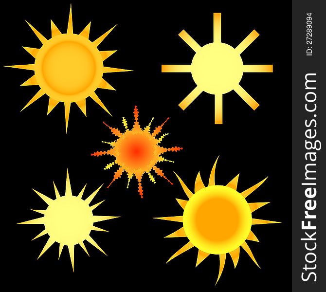 Five various sun on a black background. Five various sun on a black background