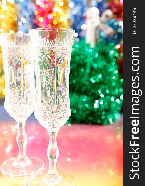 Champagne glasses on the table for Christmas winter