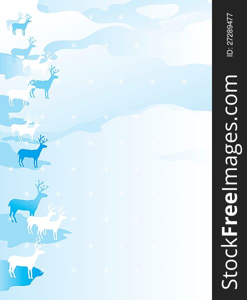 Vector Illustration of christmas landscape with snow-covered fields and many deers. Vector Illustration of christmas landscape with snow-covered fields and many deers