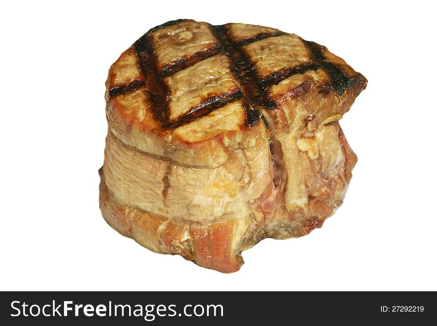 Thick piece of grilled pork on a white background. Thick piece of grilled pork on a white background