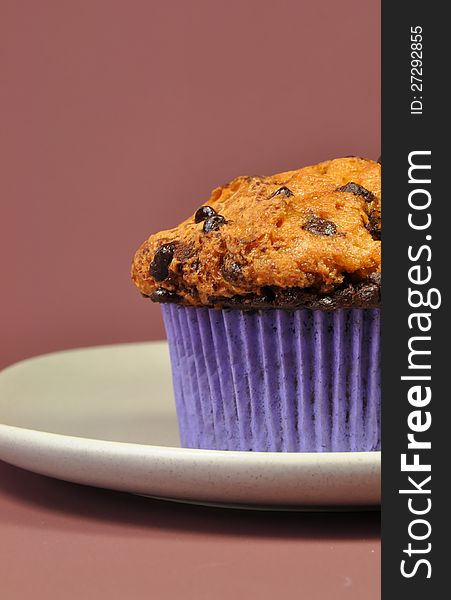 A delicious, mouth-watering closeup of a chocolate chip muffin in a purple patty liner just waiting to be eaten. Portrait orientation. A delicious, mouth-watering closeup of a chocolate chip muffin in a purple patty liner just waiting to be eaten. Portrait orientation.