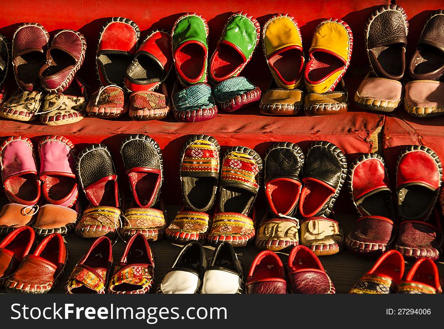 Traditional leather baby shoes in a turkish bazar