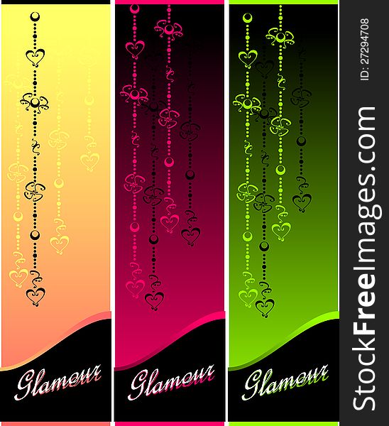 Set Glamour Banners With Hearts And Flowers