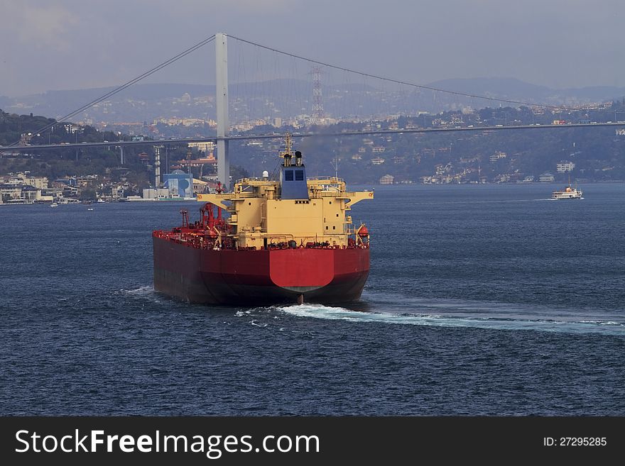At a passing tanker ship from the Bosphorus