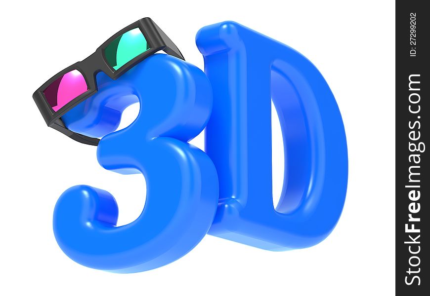 Anaglyph Stereo Glasses on the Blue Letters 3D. Isolated on White Background. Anaglyph Stereo Glasses on the Blue Letters 3D. Isolated on White Background.