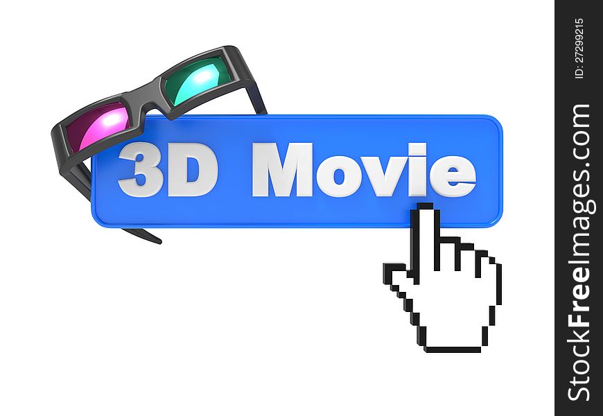 Web Button 3D Movie with Cursor and Anaglyph Glasses. 3D movie Concept. Web Button 3D Movie with Cursor and Anaglyph Glasses. 3D movie Concept.