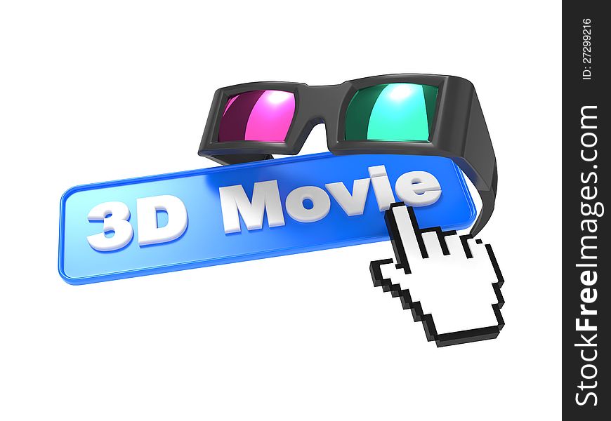 Web Button 3D Movie with Cursor and Anaglyph Glasses. 3D movie Concept. Web Button 3D Movie with Cursor and Anaglyph Glasses. 3D movie Concept.