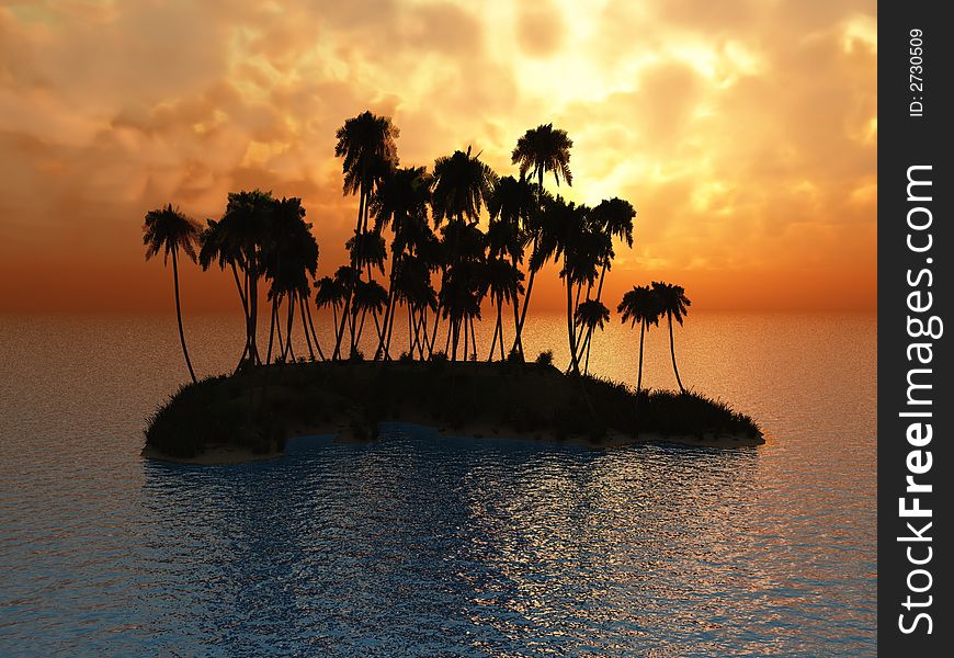 Sunset coconut palm trees on small island - 3d illustration.