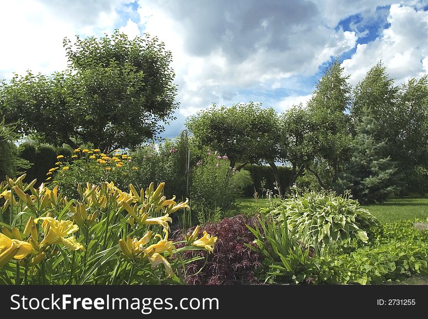 Beautiful, perfectly manicured garden. summer scenic. Beautiful, perfectly manicured garden. summer scenic