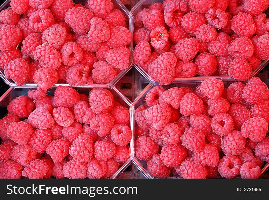 Fresh raspberries sold on a farmers market