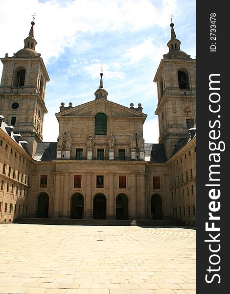 Entrance to basilica of Monastery of Escorial all built in granite stone, the statues represent Bible prophets and kings